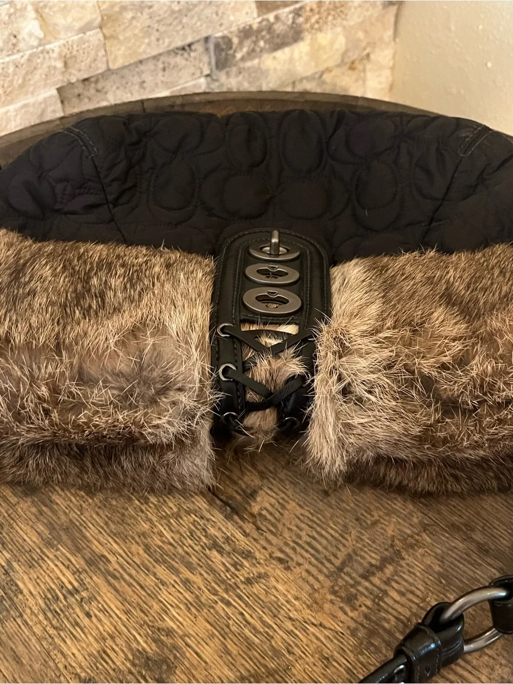 Coach Vintage Black Leather and Rabbit Fur Shoulder Bag